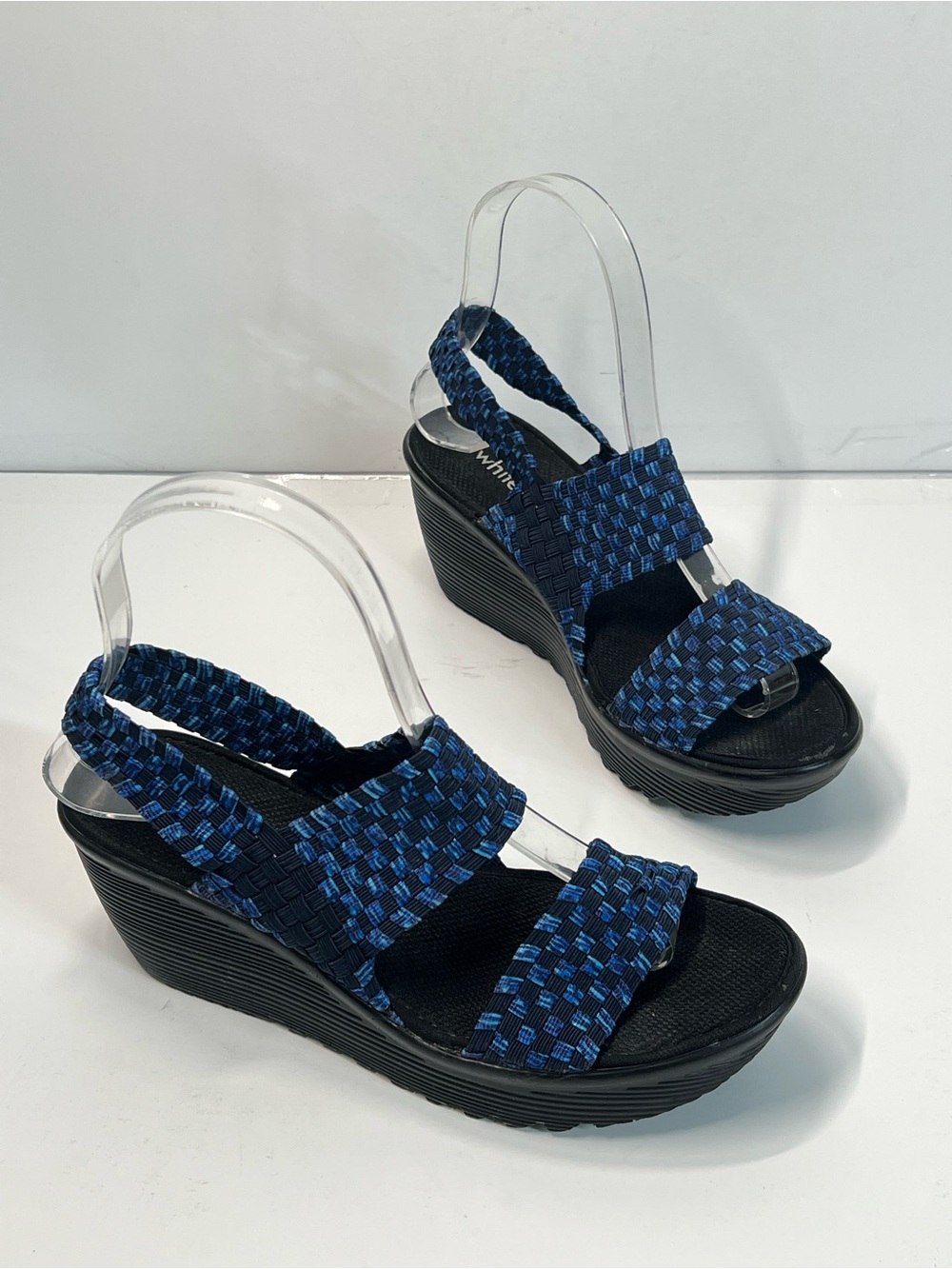 Blue & Black Woven Stretch Wedge Sandals Size 6